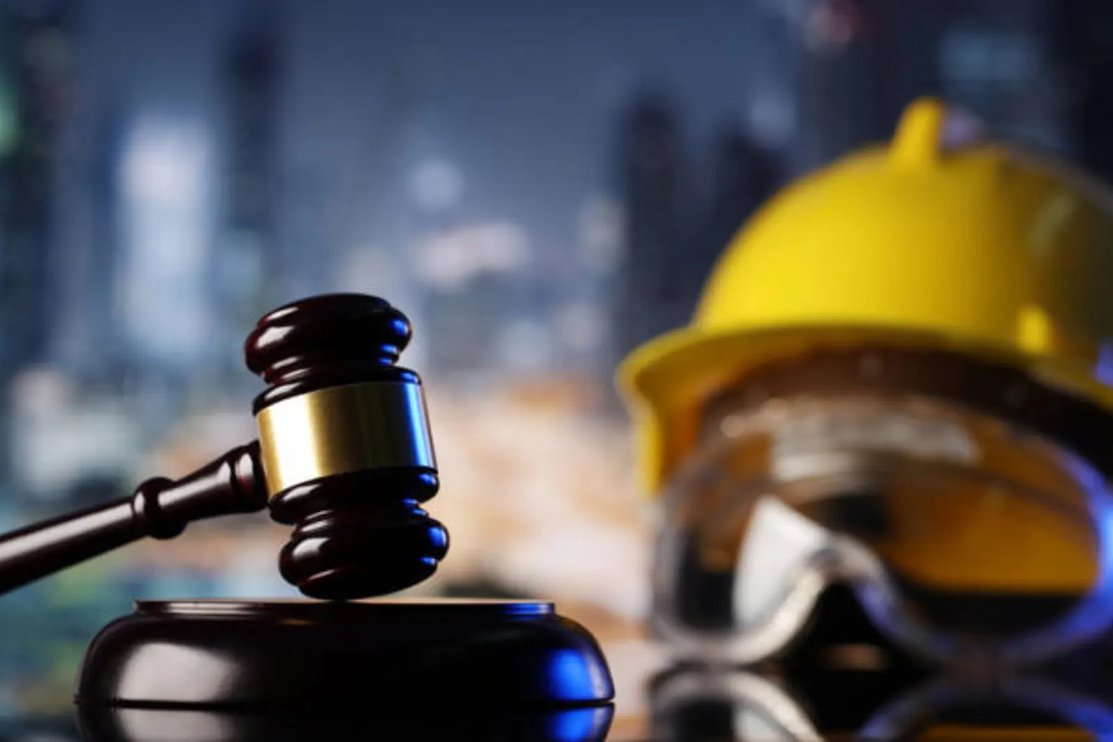 Mazo judicial junto a un casco y unas gafas de seguridad industrial