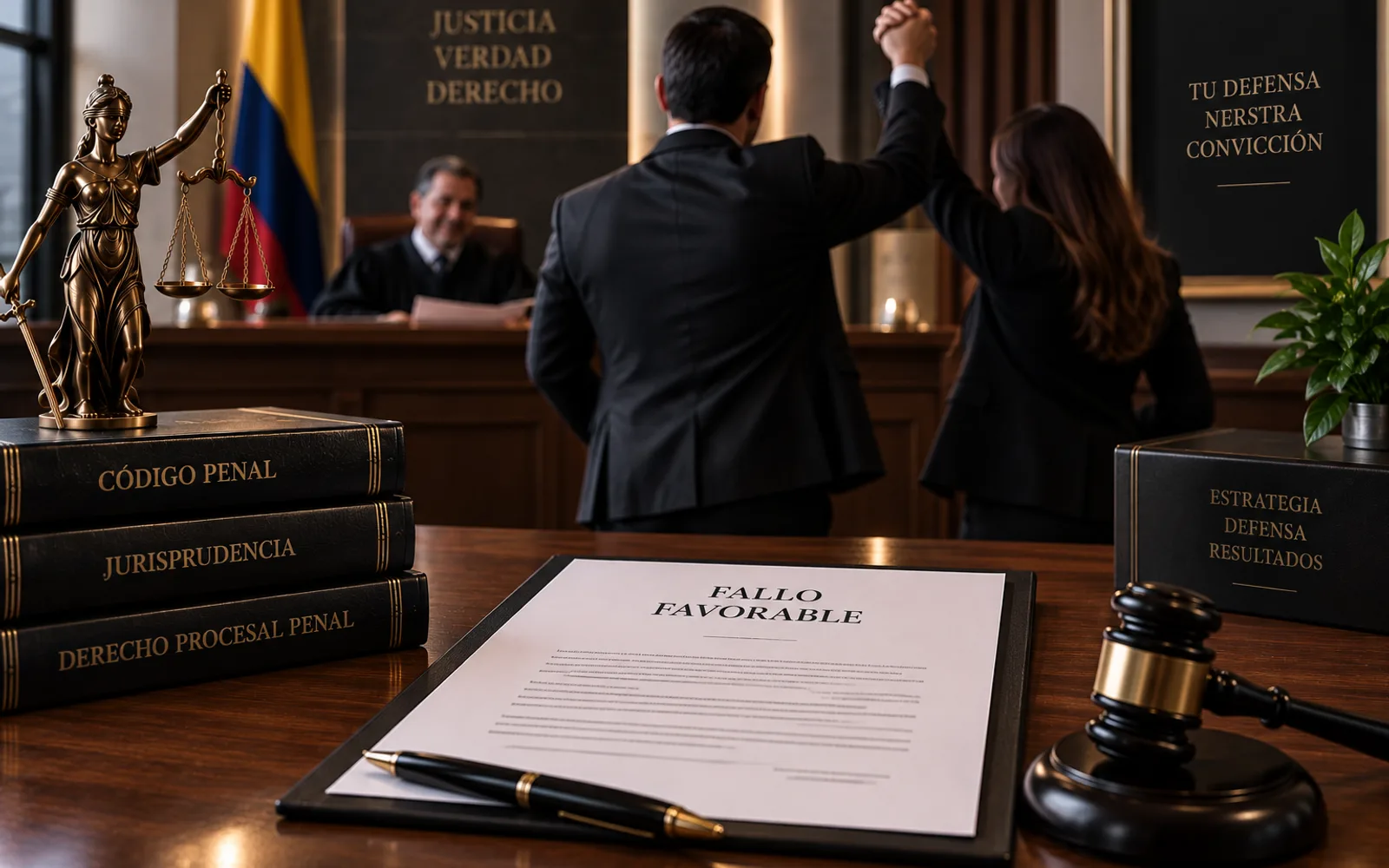 Ilustración de un abogado y su clienta celebrando un fallo favorable ante el juez