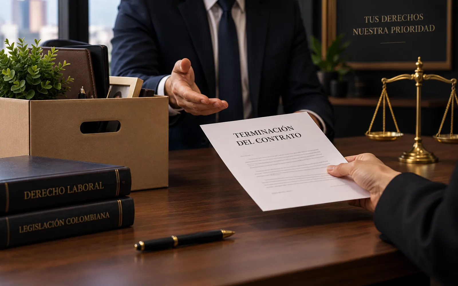 Ilustración de la entrega de una carta de terminación del contrato sobre el escritorio de un abogado laboralista