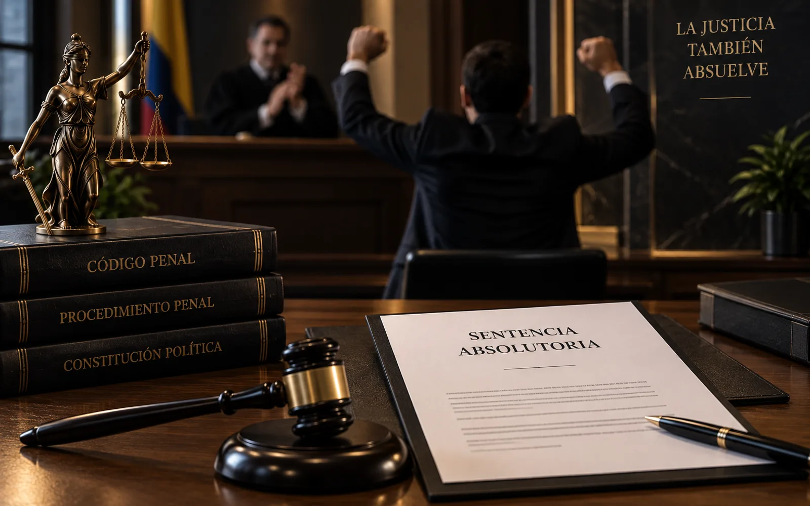 Ilustración de una sala de audiencias: un procesado celebra tras conocer una sentencia absolutoria